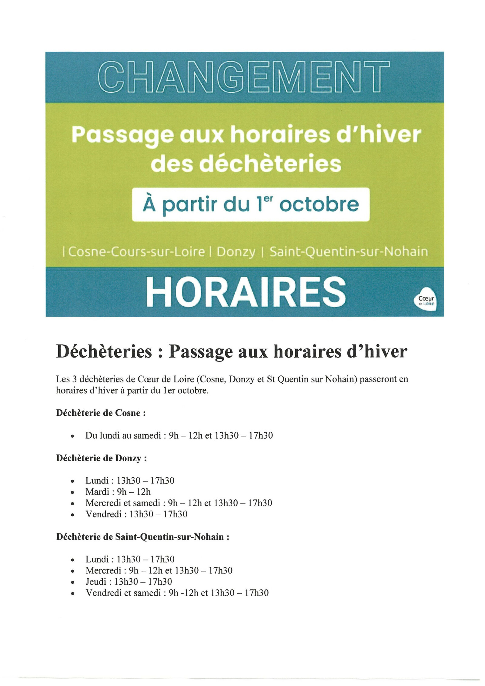 HORAIRES HIVER DECHETERIES